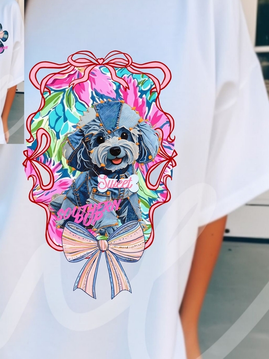 Gildan Tops - Gildan White Tee with Colorful Dog Graphic